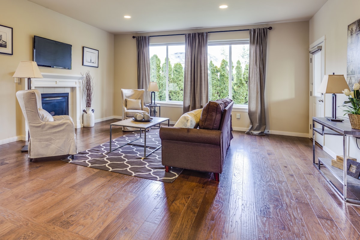 Living room with newly installed hardwood flooring
